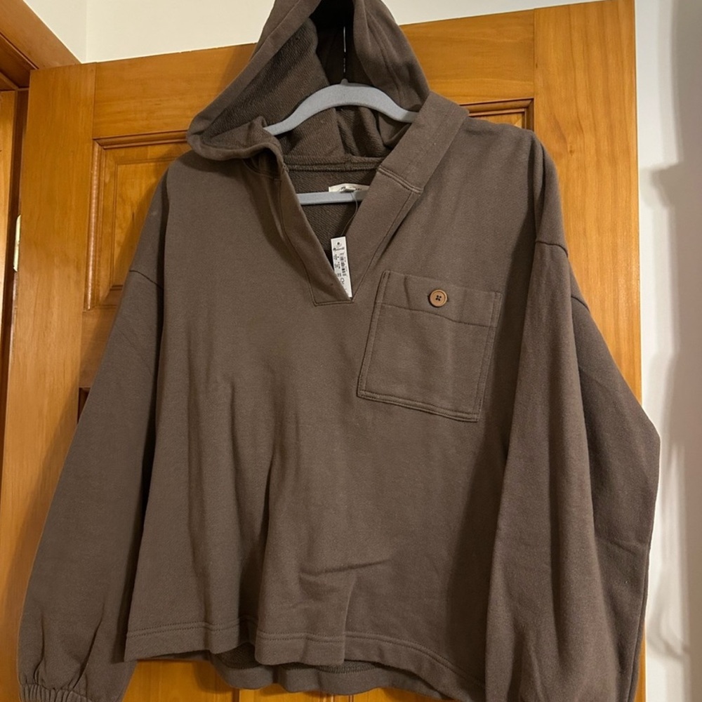 NWT Madewell Cotton Hemp Henley Brown Hooded Sweater